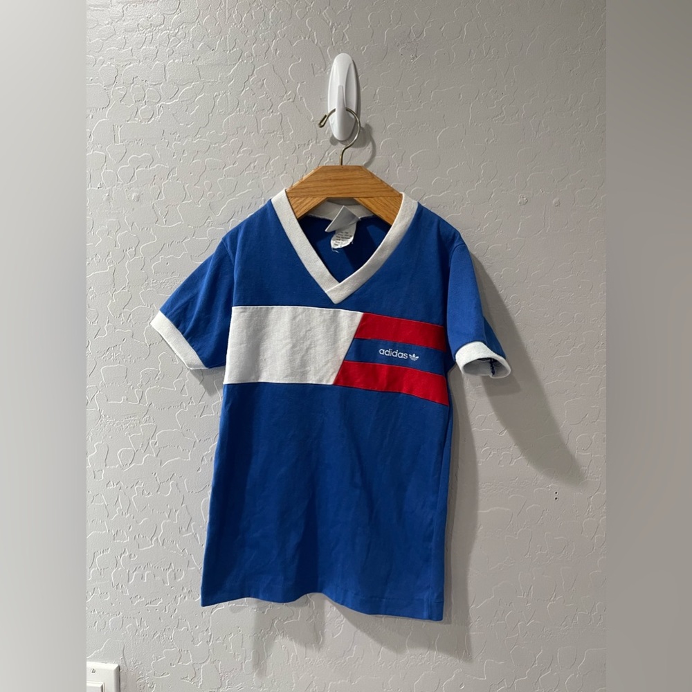 Vintage 80s Adidas Tri-Color Ringer V-Neck SS Shirt‎ 4T